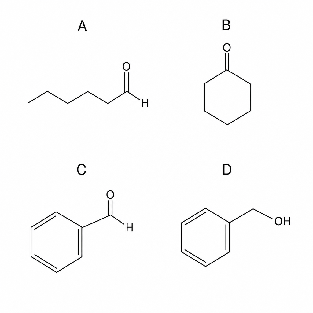 Skeletal structures of four organic compounds labeled A, B, C, and D