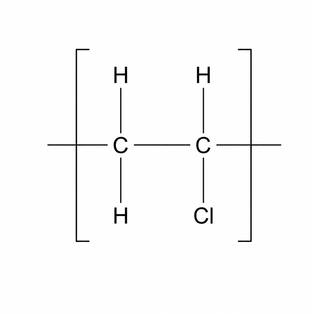 The repeat unit of the polymer, showing a -CH2-CHCl- group with horizontal extension bonds indicating it is part of a longer chain. Specifically, two carbon atoms are joined by a single covalent bond. The left carbon is bonded to two hydrogen atoms, one pointing vertically up and one vertically down. The right carbon is bonded to one hydrogen atom pointing vertically up and one chlorine atom pointing vertically down. Horizontal extension lines extend from the left and right of the carbon-carbon single bond.