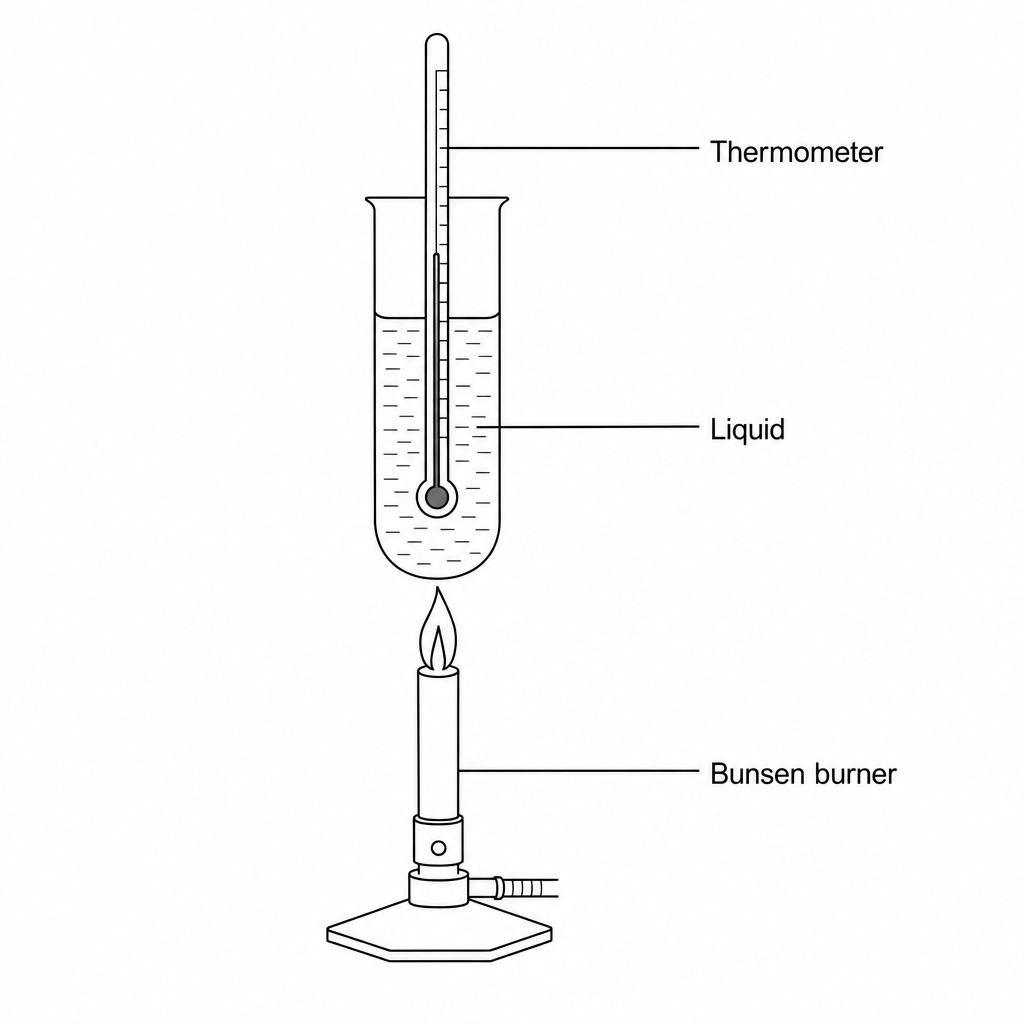 A science apparatus diagram showing a boiling tube containing liquid, with a thermometer suspended inside and a Bunsen burner beneath.