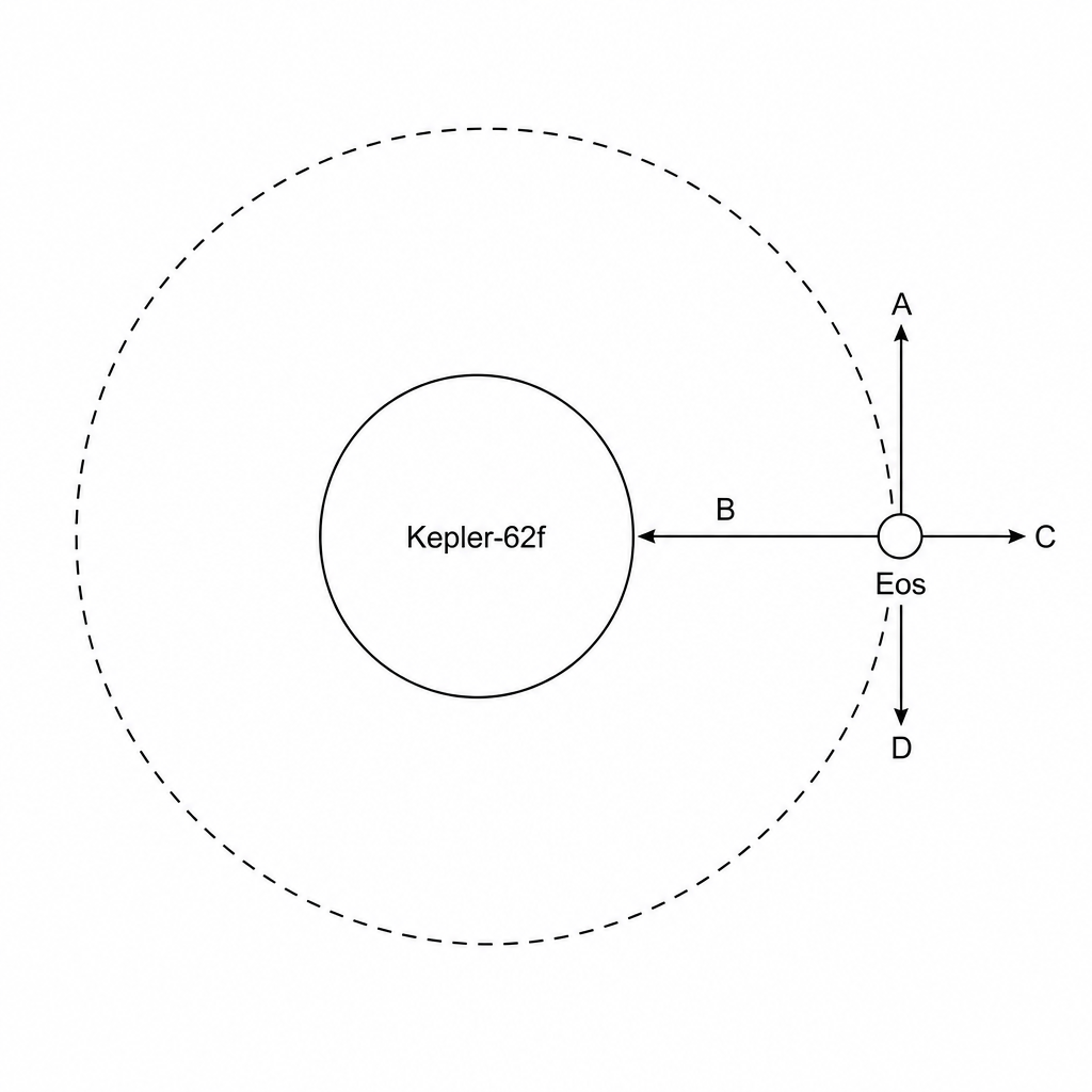 A diagram showing Eos in orbit around Kepler-62f.