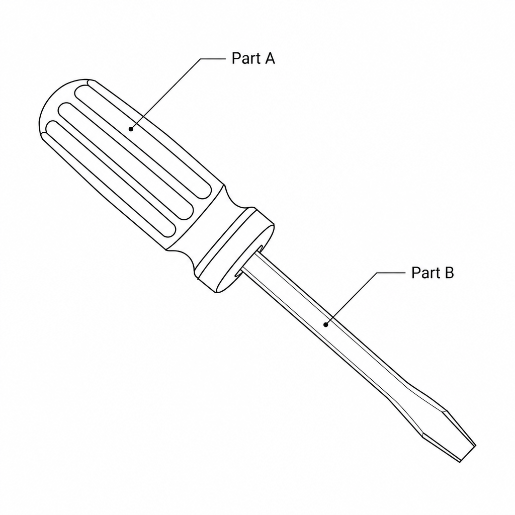 A screwdriver with labeled parts. Part A points to the handle/grip. Part B points to the metallic shaft.
