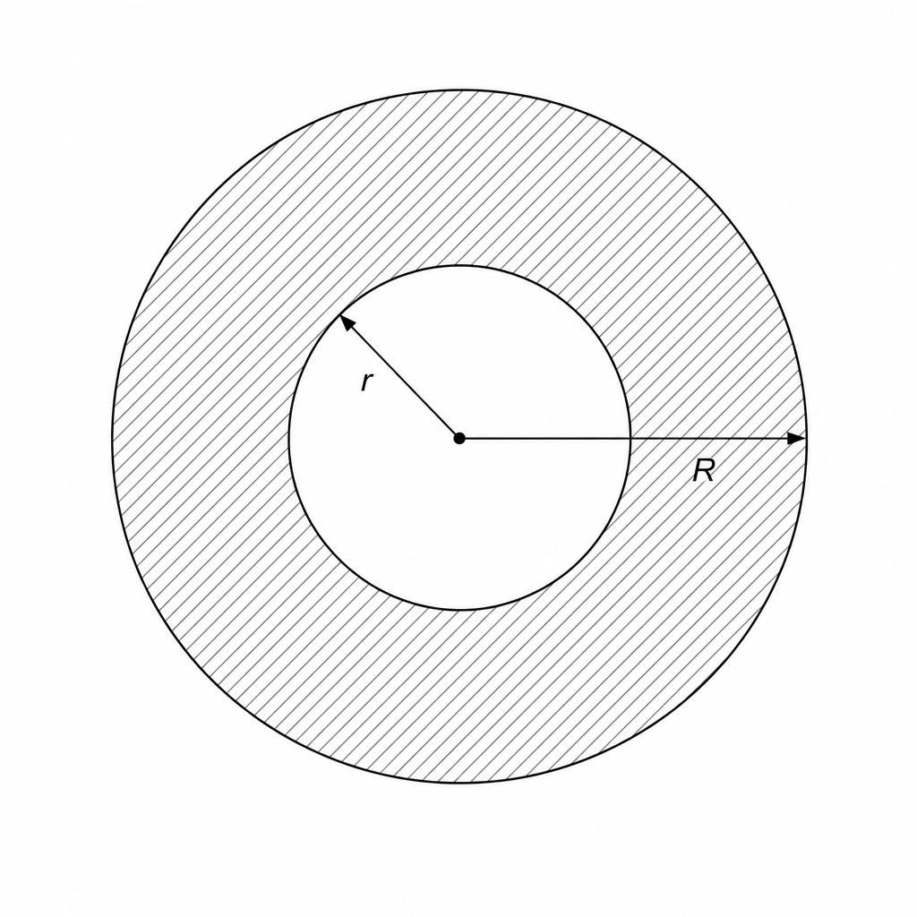 A diagram showing a concentric inner circle cut out of a larger outer circle. The remaining ring shape (the washer) is shaded in grey. The outer circle has radius R and the inner circle cutout has radius r.