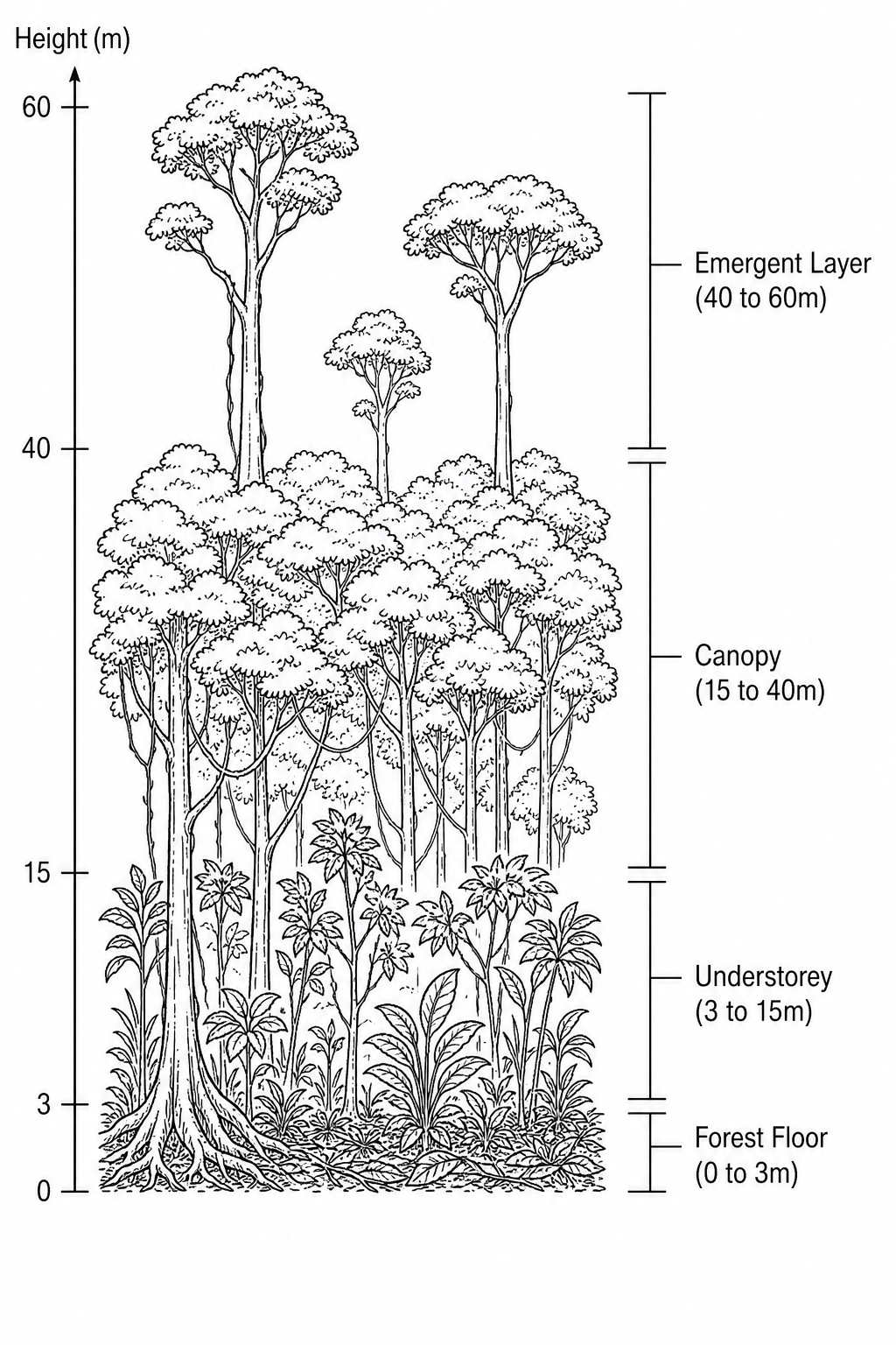 Figure 1: Vertical profile of a tropical rainforest with height scale in metres