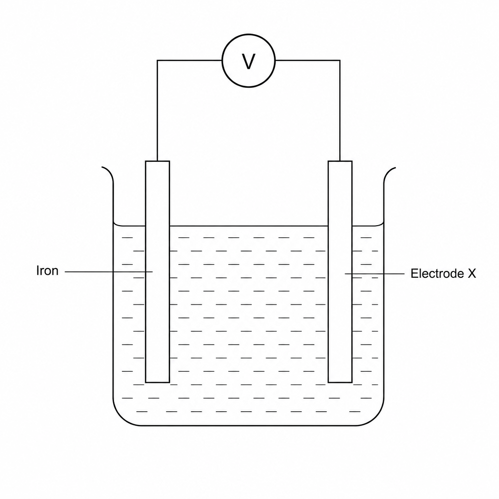 An electrochemical cell. A beaker containing a light-grey liquid labelled 'Electrolyte solution'. Hanging into the liquid are two vertical metal bar electrodes. The left one is labelled 'Iron' and the right one is labelled 'Electrode X'. Wires connect the top of both electrodes to a circular voltmeter labelled 'V' at the top.