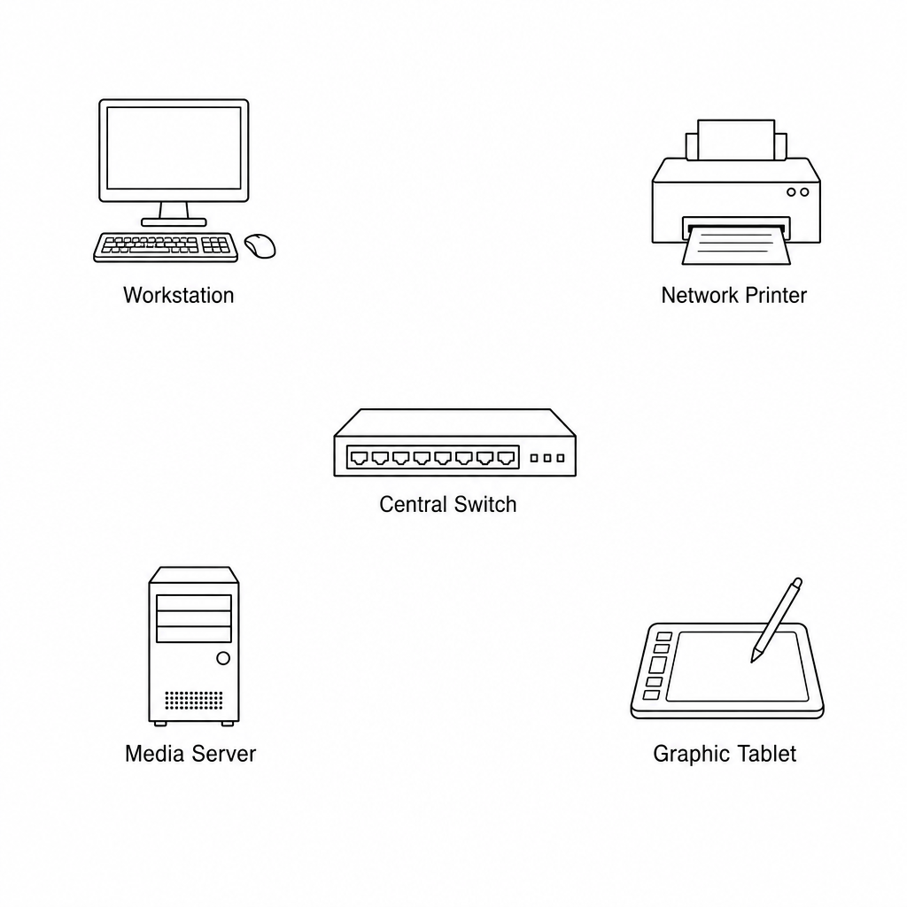 An arrangement of five network nodes: a central switch labelled 'Central Switch' in the middle, surrounded by a 'Workstation' (top-left), a 'Network Printer' (top-right), a 'Media Server' (bottom-left), and a 'Graphic Tablet' (bottom-right).