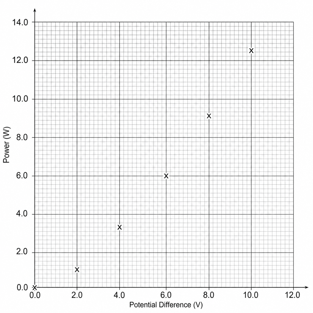 A graph of Power versus Potential Difference with six plotted points.