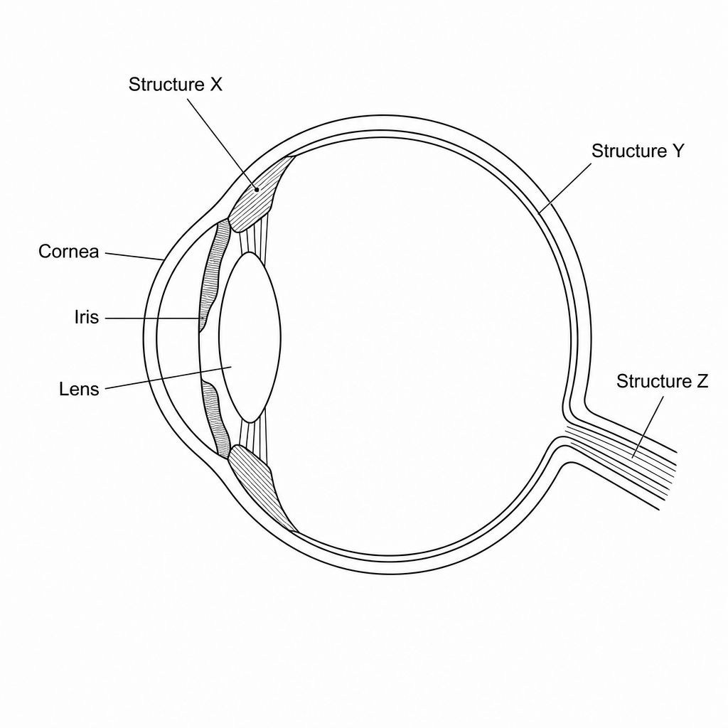 Anatomical cross-section of the human eye showing structures X, Y, and Z.