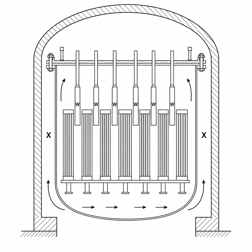 A schematic cross-section diagram of a nuclear fission reactor pressure vessel.