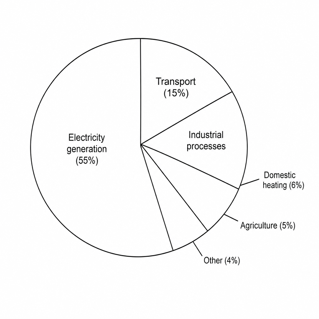 A pie chart showing different sources of sulfur dioxide emissions. The sectors are: Electricity generation at 55%, Transport at 15%, Domestic heating at 6%, Agriculture at 5%, Other at 4%, and Industrial processes which has no percentage label.