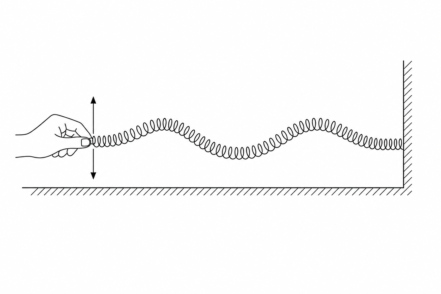 A horizontal spring stretched across a table. A hand at the left end is moving side-to-side perpendicular to the spring's length, creating a wave pattern with peaks and troughs traveling along the spring towards the right end which is fixed to a wall.
