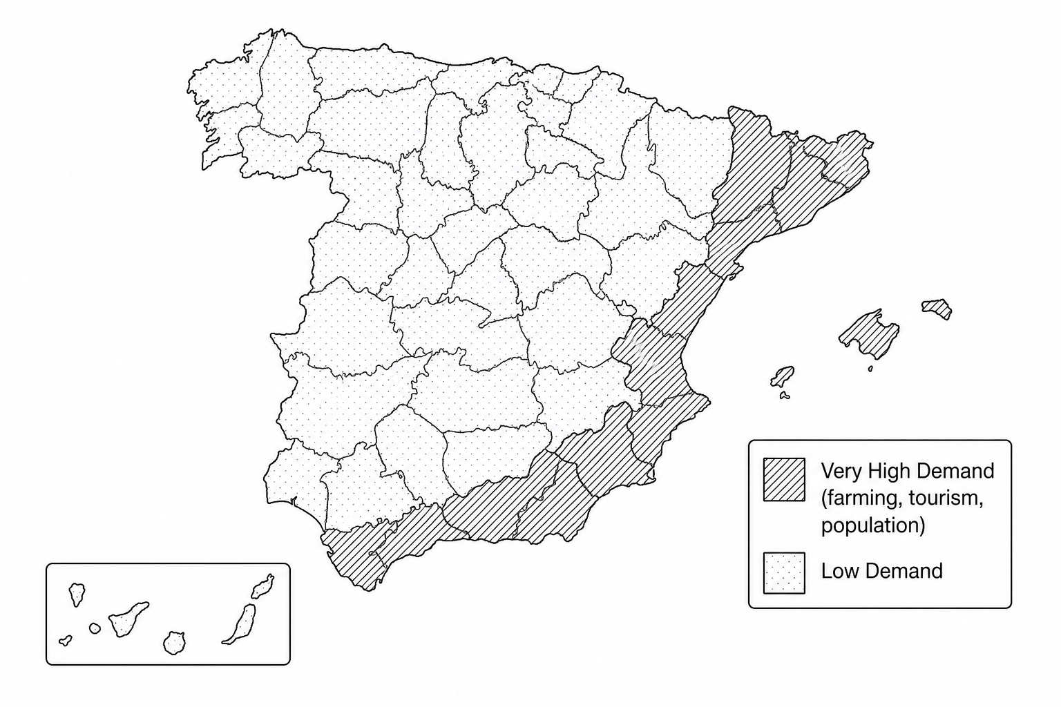 Map of Spain showing water demand levels by province. The Mediterranean coast (east and south) is shaded dark brown, indicating very high water demand driven by intensive greenhouse farming, tourism, and dense populations. The northern and central-western provinces are shaded light cream, indicating low water demand.