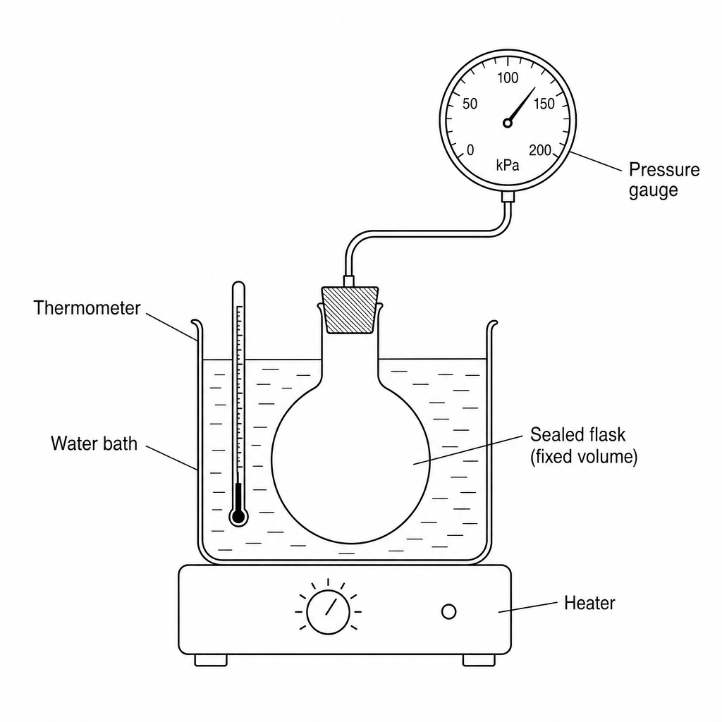 Apparatus consisting of a sealed flask of fixed volume in a water bath, connected to a pressure gauge, with a thermometer and a heater.