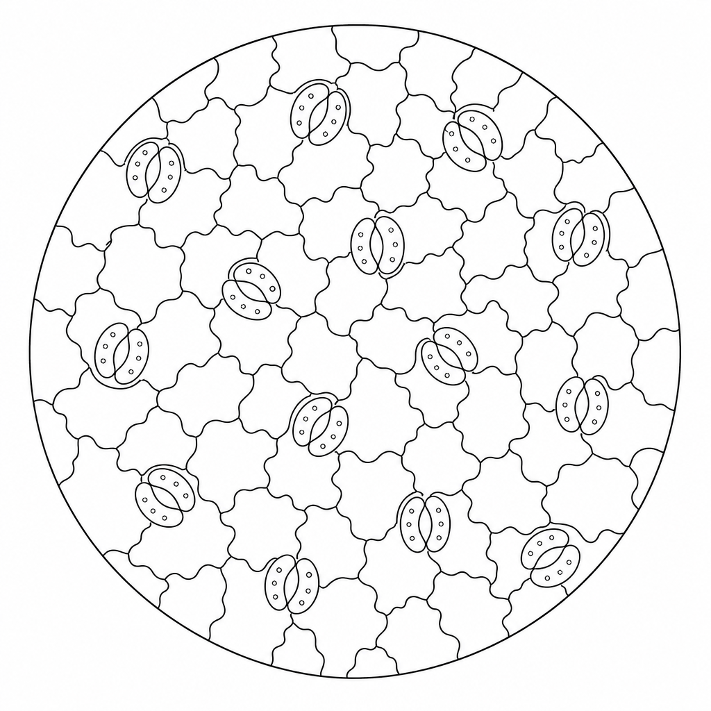 A circular microscope field of view representing the lower epidermis of a leaf. The circular area shows 12 stomata, each made of two kidney-shaped guard cells surrounding an aperture, scattered among irregular epidermal cells. There are exactly 12 stomata in the field of view.