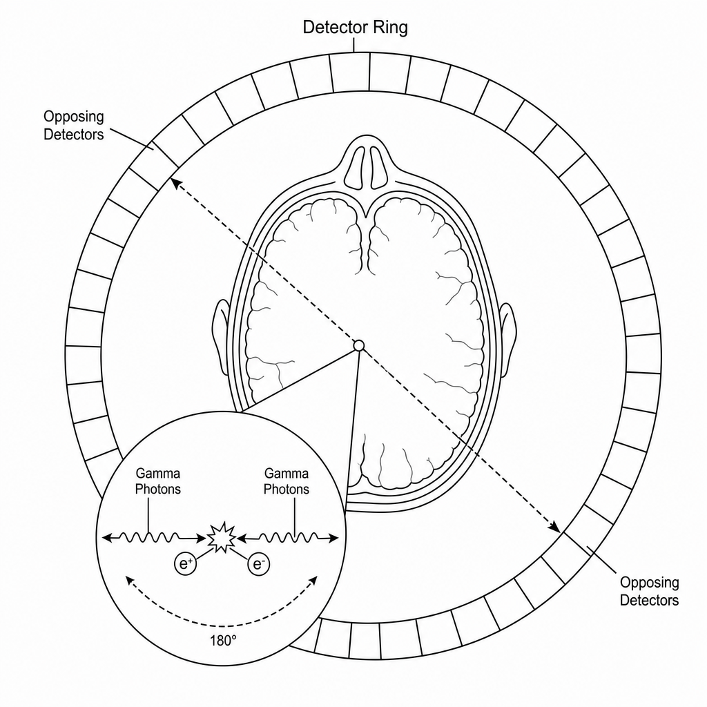 PET scan detector ring around a patient's head, showing positron-electron annihilation and opposing gamma photons.