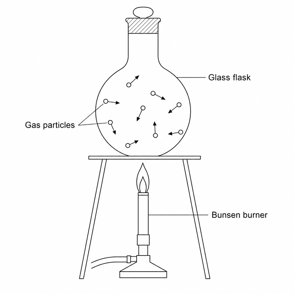 Figure 1: A sealed glass flask containing gas particles heated by a Bunsen burner. Inside the flask, the gas particles are represented as small circles with short arrows indicating kinetic motion.