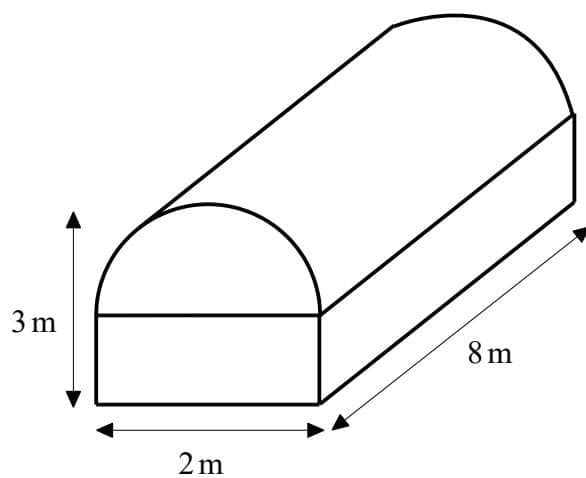 Diagram of a solid consisting of a rectangular prism with a half cylinder on top.