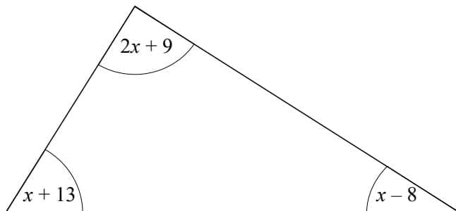 A triangle with three interior angles labeled: 2x + 9, x + 13, and x - 8.