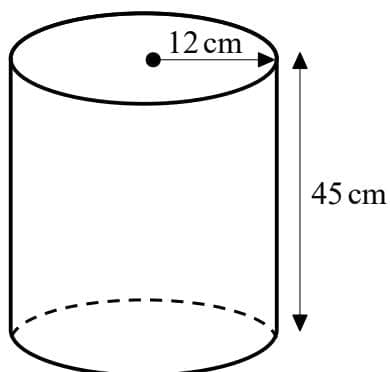 Diagram of a cylinder with radius 12 cm and height 45 cm.
