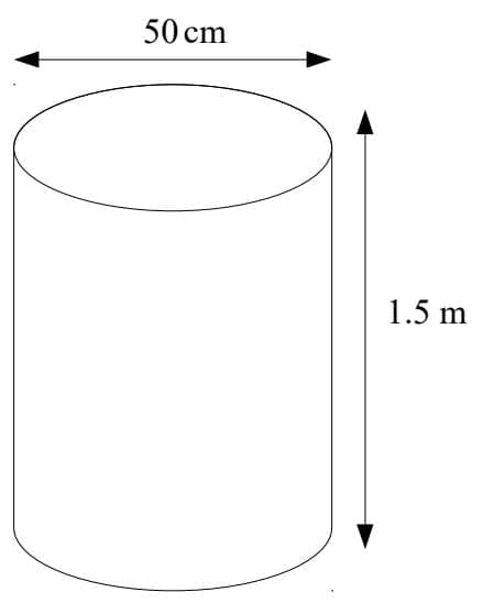 Diagram of a cylindrical tank with diameter 50 cm and height 1.5 m.