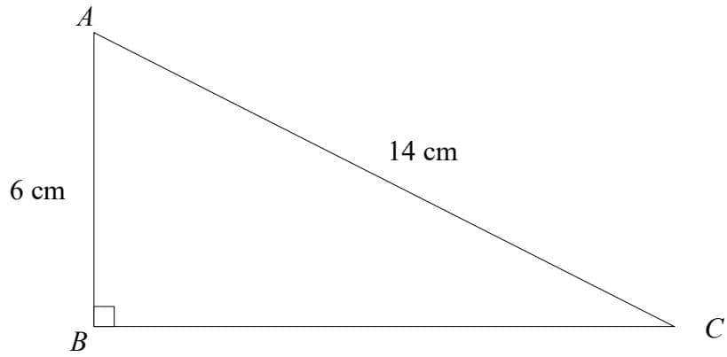 Right-angled triangle ABC with right angle at B. Side AB = 6 cm, hypotenuse AC = 14 cm.