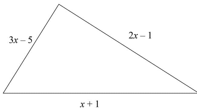 A triangle with side lengths labeled as 3x - 5, 2x - 1, and x + 1.