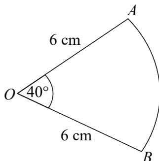 Diagram of a circular sector AOB with center O. The radius OA is 6 cm and the radius OB is 6 cm. The central angle AOB is 40 degrees.