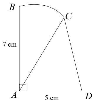 Diagram of a circle sector ABC with center A, radius 7 cm, and angle BAC = 0.6 radians. A rectangle is formed by the sector and a line segment CD. The area of the rectangle is 5 cm by 7 cm.