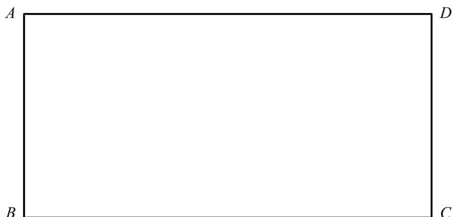 A scale drawing of a room, represented by a rectangle with vertices labeled A, B, C, and D.