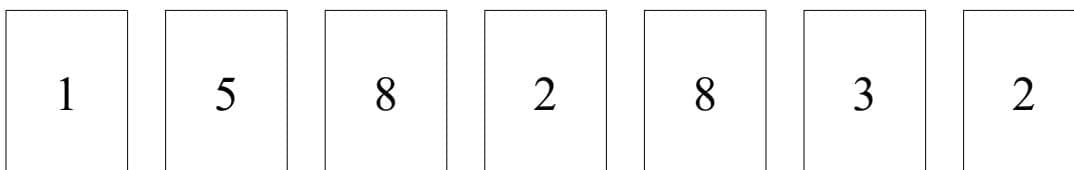Seven number cards with the numbers 1, 5, 8, 2, 8, 3, and 2.