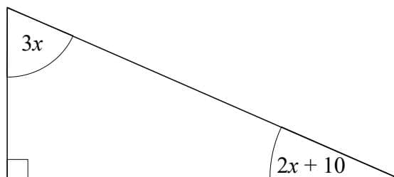 A right-angled triangle with angles 3x, 2x + 10, and 90.