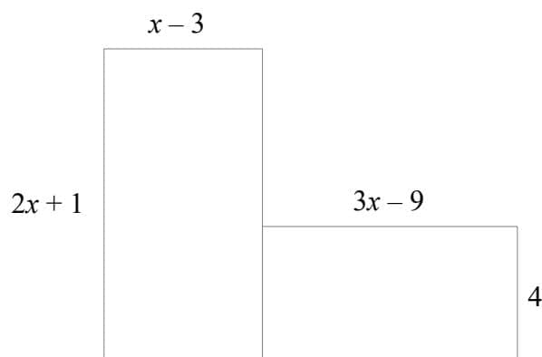 A diagram of a six-sided shape formed by two adjacent rectangles. The left rectangle has a width of x-3 and a height of 2x+1. The right rectangle has a width of 3x-9 and a height of 4. They share a common vertical side.