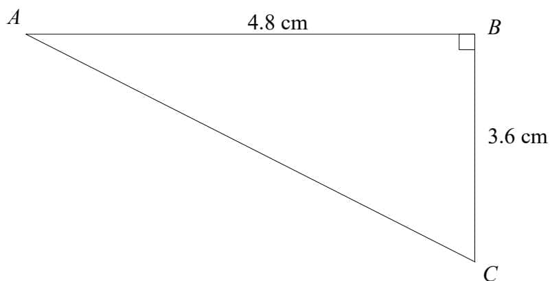 Right-angled triangle ABC with right angle at B. AB = 4.8 cm, BC = 3.6 cm.