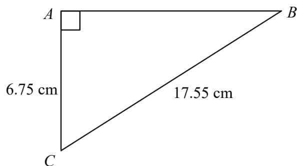Right-angled triangle ABC with right angle at A. AC = 6.75 cm, BC = 17.55 cm.