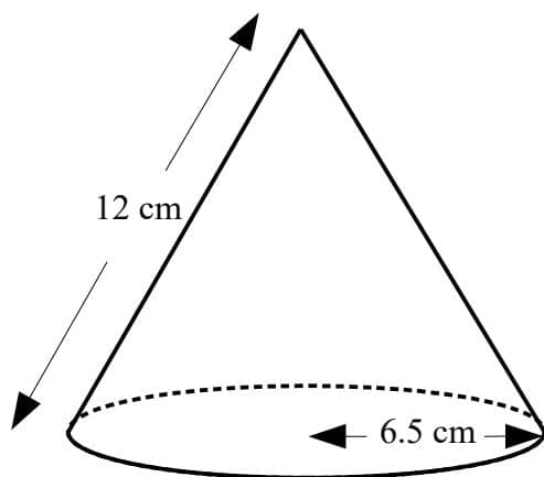 Diagram of a solid cone with slant height 12 cm and base radius 6.5 cm.