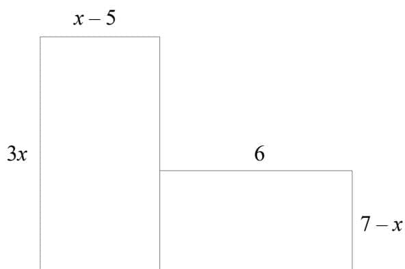 A diagram of a six-sided shape formed by two adjacent rectangles. The left rectangle has a width of x-5 and a height of 3x. The right rectangle has a width of 6 and a height of 7-x. They share a common vertical side.