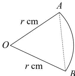 Diagram of a circular sector AOB with center O, radius r cm, and angle theta. A dashed line connects A and B, forming an equilateral triangle AOB.