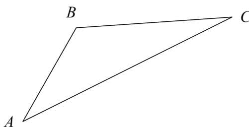 Diagram of a triangle ABC. Vertex A is at the bottom-left, B is at the top-left, and C is at the top-right. The triangle is oriented such that side AB is steeper than side AC.