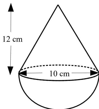 Diagram of a solid shape consisting of a cone on top of a hemisphere.