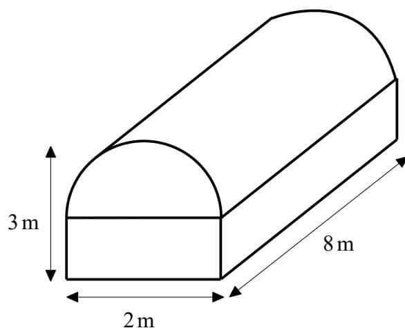 Diagram of a solid consisting of a rectangular prism with a half cylinder on top.