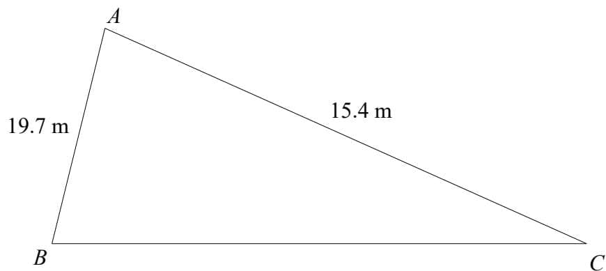 A triangle ABC with side AB = 19.7 m and side AC = 15.4 m.