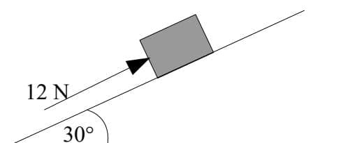 Diagram for question 6: A brick on an inclined plane at 30 degrees with a 12 N force acting up the plane.