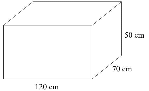 A 3D diagram of a rectangular prism with dimensions 120 cm, 70 cm, and 50 cm.