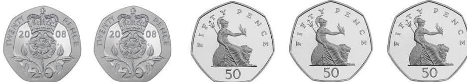 A row of five British coins: two 20p coins and three 50p coins.