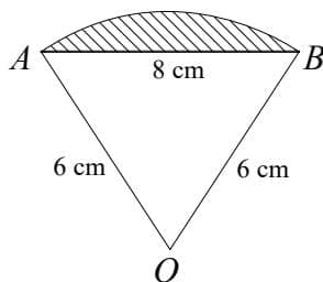 Diagram of a circle sector AOB with radius 6 cm and chord AB = 8 cm. The shaded area is the region bounded by the chord AB and the arc AB.
