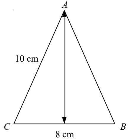 Diagram of an isosceles triangle ABC with base 8 cm and equal sides 10 cm.