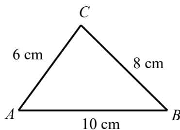 A diagram of triangle ABC. Vertex A is at the bottom left, vertex B is at the bottom right, and vertex C is at the top. The side AB is labeled 10 cm, side BC is labeled 8 cm, and side AC is labeled 6 cm.