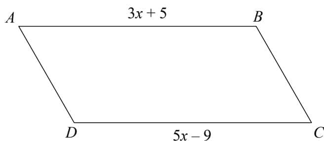 A parallelogram ABCD. The top side AB has a length of 3x + 5. The bottom side DC has a length of 5x - 9.