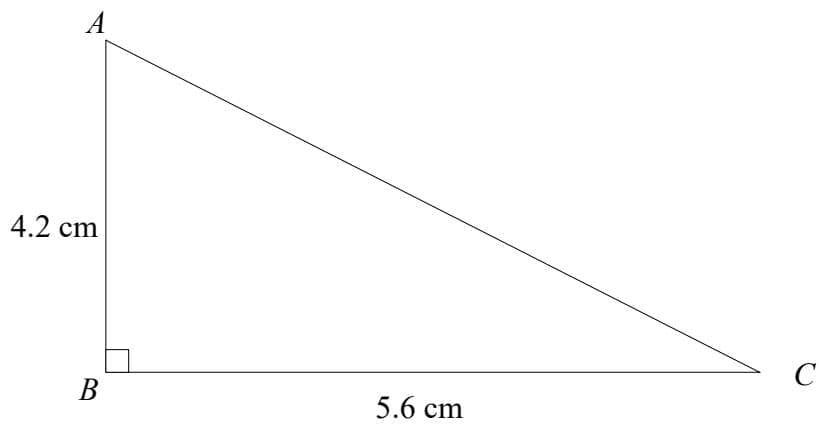 Right-angled triangle ABC with right angle at B. Side AB = 4.2 cm, side BC = 5.6 cm.