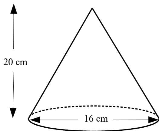 Diagram of a cone with height 20 cm and base diameter 16 cm.
