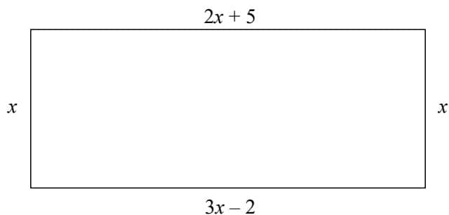 A rectangle with side lengths labeled: top 2x + 5, bottom 3x - 2, and vertical sides x.